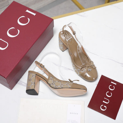 GUCCI 26S HEEL SLINGBACK PUMP 80 MM IN BEIGE CALFSKIN AND CANVAS