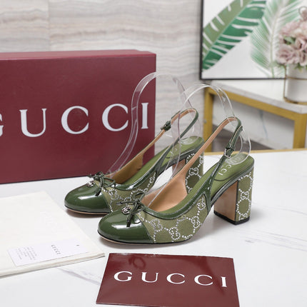 GUCCI 26S HEEL SLINGBACK PUMP 80 MM IN OLIVE GREEN CALFSKIN AND CANVAS