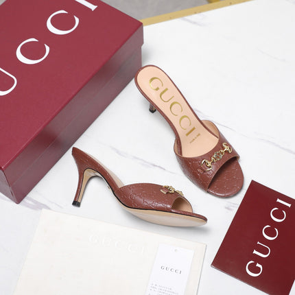 GUCCI 26S HORSEBIT SANDALS 75 MM IN BROWN GG EMBOSSED LEATHER