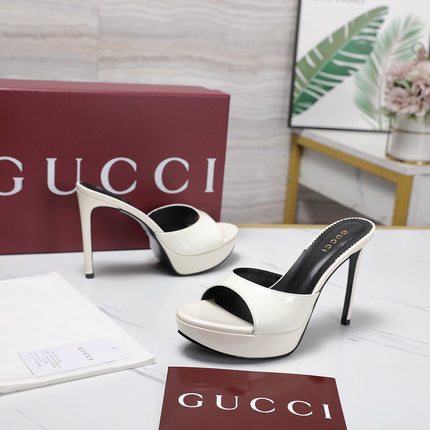 GUCCI 26S HEELED SANDALS 105 MM IN CREAM WHITE PATENT CALFSKIN