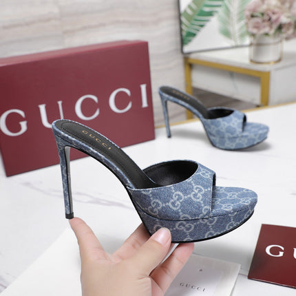 GUCCI 26S HEELED SANDALS 105 MM IN BLUE DENIM
