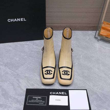 CHANEL 26S ANKLE BOOTS IN BEIGE CALFSKIN WITH BLACK PATENT LEATHER TRIM AND CC LOGO ON TOE CAP