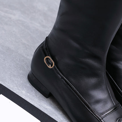 CHANEL 26S KNEE HIGH BOOTS IN BLACK CALFSKIN WITH PATENT LEATHER TRIM AND CC LOGO ON TOE CAP