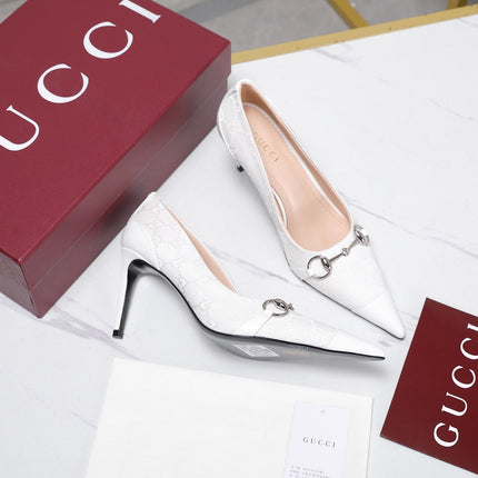 GUCCI 26S HORSEBIT PUMPS 85 MM IN WHITE CANVAS AND CALFSKIN
