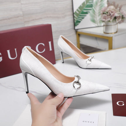 GUCCI 26S HORSEBIT PUMPS 85 MM IN WHITE CANVAS AND CALFSKIN