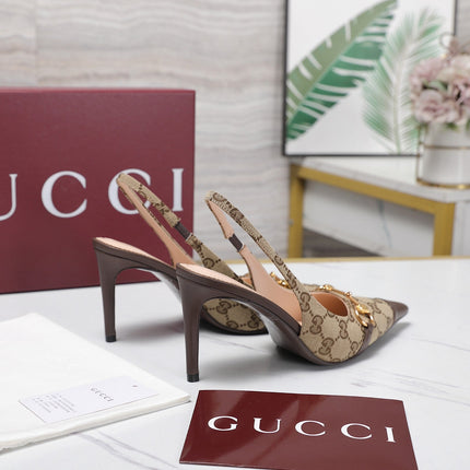GUCCI 26S SLINGBACK PUMPS 85 MM IN BEIGE CANVAS AND BROWN CALFSKIN