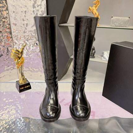 CHANEL 26S KNEE HIGH BOOTS 25 MM IN BLACK PATENT LEATHER