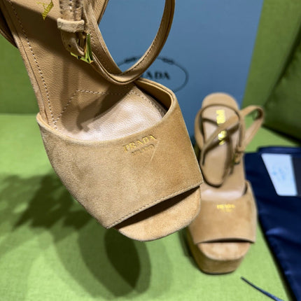 PRADA 25S HIGH-HEEL SANDALS 140 MM IN CARAMEL BROWN SUEDE STYLE 6