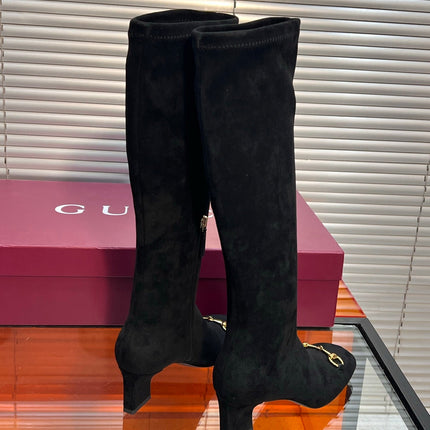 GUCCI 26S HORSEBIT KNEE-HIGH BOOTS 55 MM IN BLACK SUEDE