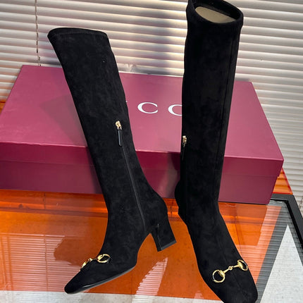 GUCCI 26S HORSEBIT KNEE-HIGH BOOTS 55 MM IN BLACK SUEDE