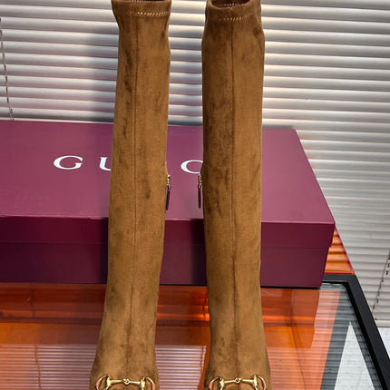 GUCCI 26S HORSEBIT KNEE-HIGH BOOTS 55 MM IN BROWN SUEDE