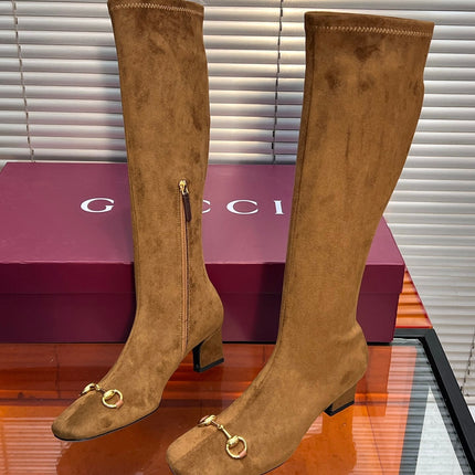 GUCCI 26S HORSEBIT KNEE-HIGH BOOTS 55 MM IN BROWN SUEDE