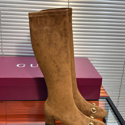 GUCCI 26S HORSEBIT KNEE-HIGH BOOTS 55 MM IN BROWN SUEDE
