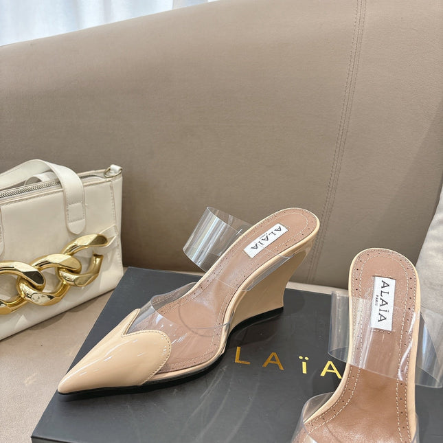 ALAIA 26S HIGH-HEEL WEDGE MULES 95 MM IN BEIGE GLOSSY CALFSKIN