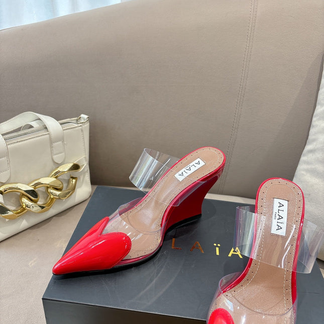 ALAIA 26S HIGH-HEEL WEDGE MULES 95 MM IN RED GLOSSY CALFSKIN