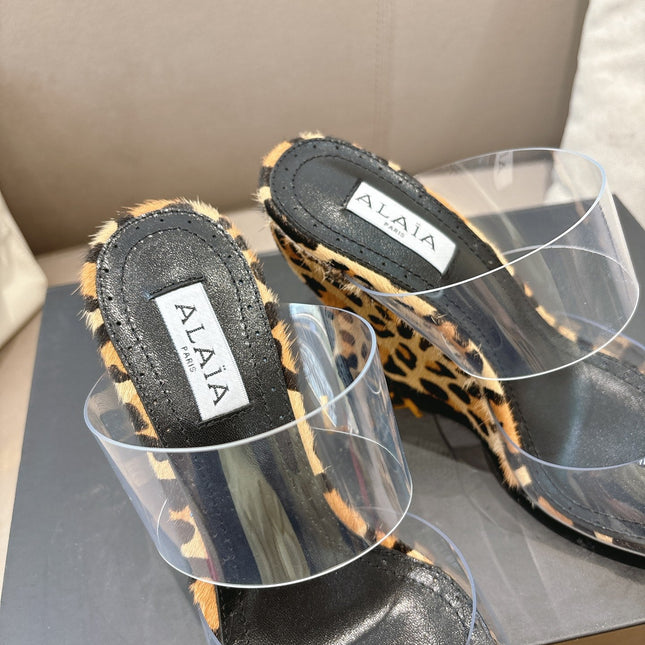 ALAIA 26S HIGH-HEEL WEDGE MULES 95 MM IN LEOPARD PRINT PONY HAIR