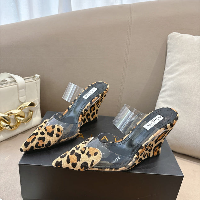 ALAIA 26S HIGH-HEEL WEDGE MULES 95 MM IN LEOPARD PRINT PONY HAIR