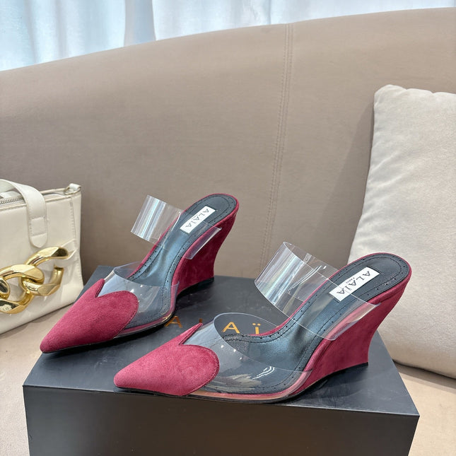 ALAIA 26S HIGH-HEEL WEDGE MULES 95 MM IN DARK RED SUEDE