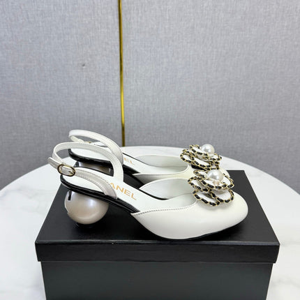 CHANEL 26S CAMELLIA PEARL SLINGBACKS IN WHITE CALFSKIN