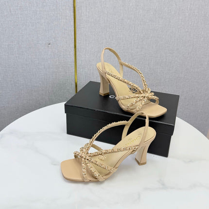 CHANEL 26S CHAIN STRAP HIGH HEELS 65 MM IN BEIGE LAMBSKIN