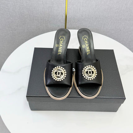CHANEL 26S WEDGE HEELS IN BLACK LAMBSKIN WITH CC PEARL EMBELLISHED