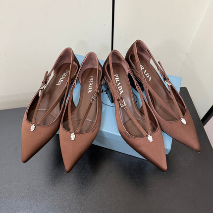 CUT-OUT PUMPS WITH BEAD BUCKLE IN CHOCOLATE BROWN SATIN