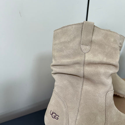 STACKED WRINKLE SHORT BOOTS IN KHAKI BROWN SUEDE