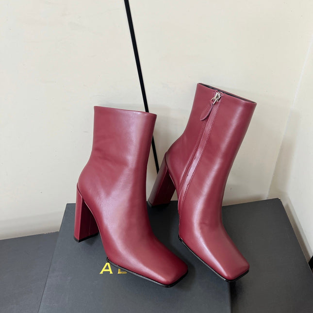ALAIA 26S SQUARE-TOE BOOTS IN DARK RED CALFSKIN