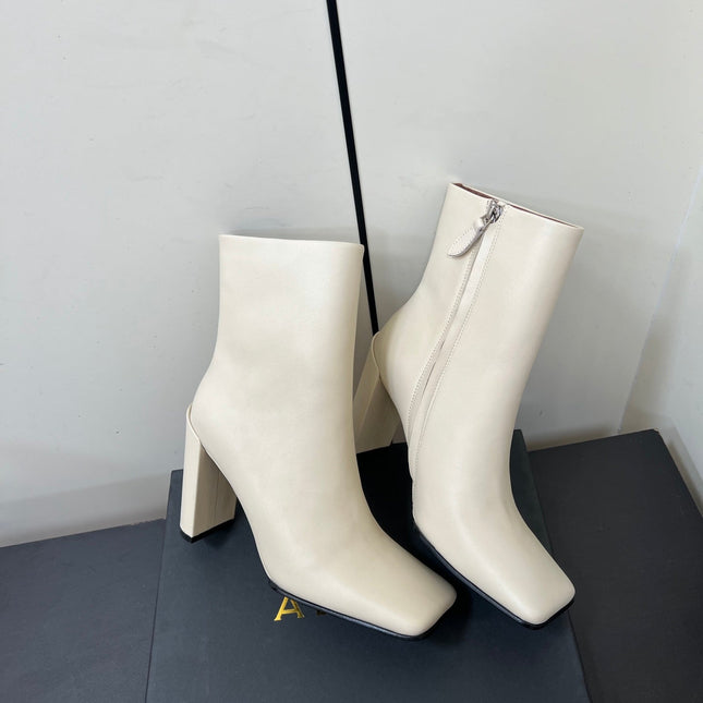 ALAIA 26S SQUARE-TOE BOOTS IN WHITE CALFSKIN
