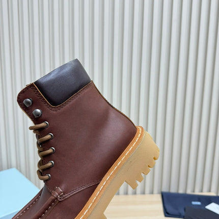 PRADA 25S LACE-UP ANKLE BOOTS IN DARK BROWN CALFSKIN