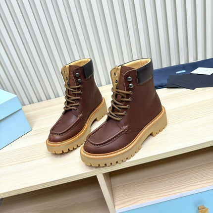 PRADA 25S LACE-UP ANKLE BOOTS IN DARK BROWN CALFSKIN
