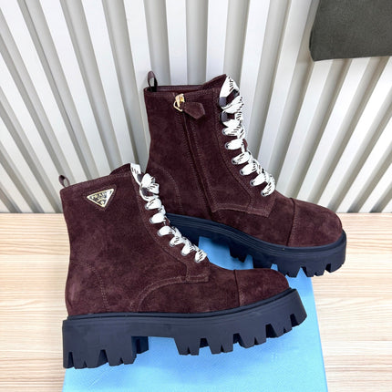 PRADA 25S MONOLITH BOOTS IN DARK PLUM BROWN SUEDE