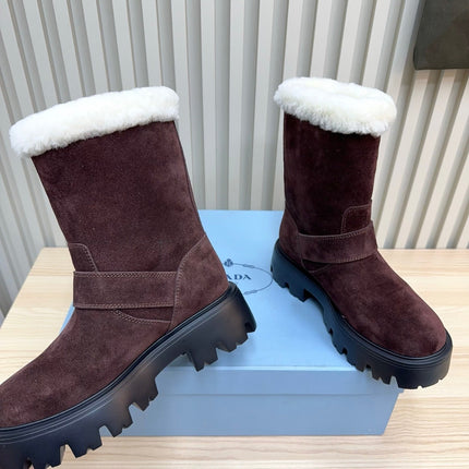 PRADA 25S MARTIN BOOTS IN DARK BURGUNDY BROWN SUEDE FUR-LINED
