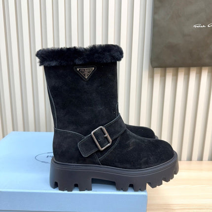 PRADA 25S MARTIN BOOTS IN DARK NAVY BLUE SUEDE FUR-LINED