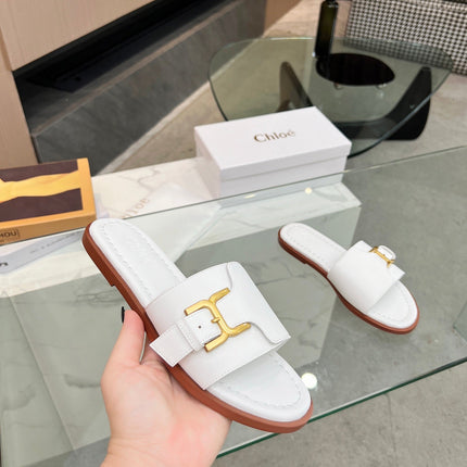 HLOE MARCIE SLIDE IN WHITE CALFSKIN WITH GOLD HARDWARE