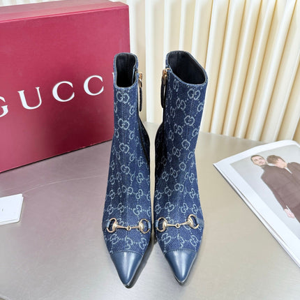 GUCCI 26S HORSEBIT BOOTS 105 MM IN NAVY BLUE DENIM AND LEATHER