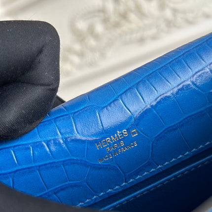 HM 26S KELLY MINI 22CM IN DARK BLUE CROC EMBOSSED CALFSKIN GOLD KELLY BUCKLE