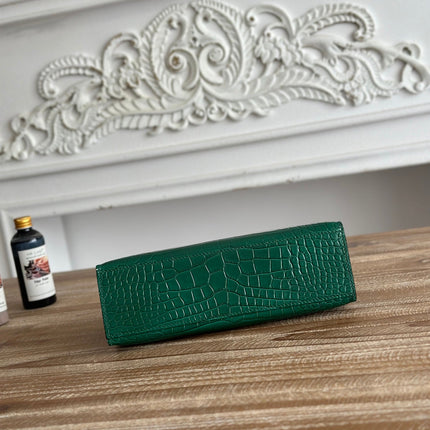 HM 26S KELLY MINI 22CM IN DARK GREEN CROC EMBOSSED CALFSKIN SILVER KELLY BUCKLE