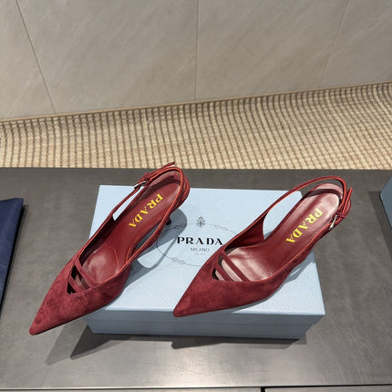 PRADA 26S POINTED TOE SLINGBACK HIGH HEELS 75MM IN DARK RED SUEDE