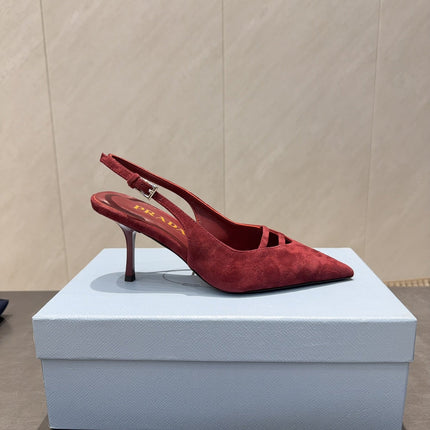 PRADA 26S POINTED TOE SLINGBACK HIGH HEELS 75MM IN DARK RED SUEDE