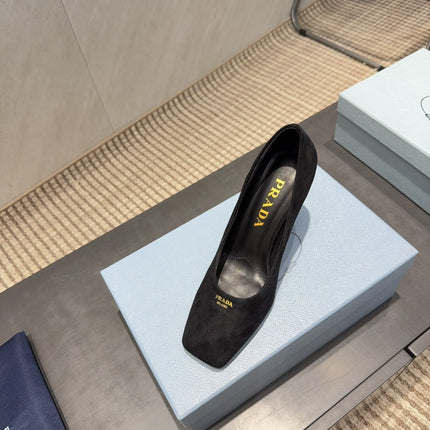 PRADA 26S SQUARE TOE HIGH HEELS 85MM IN BLACK SUEDE