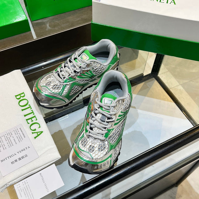 BOTTEGA VENETA 26S ORBIT SNEAKERS IN SILVER AND GREEN TECHNICAL MESH