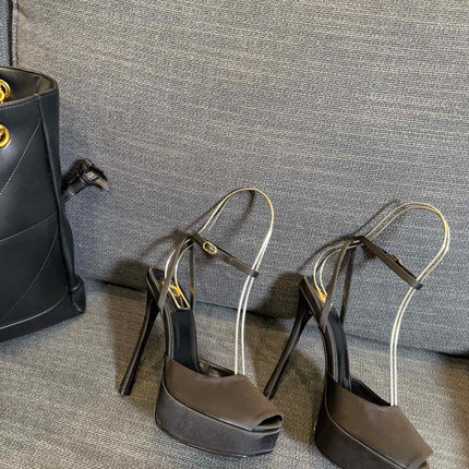 YSL 26S PLATFORM SANDALS 150 MM IN TAUPE AND BLACK SATIN