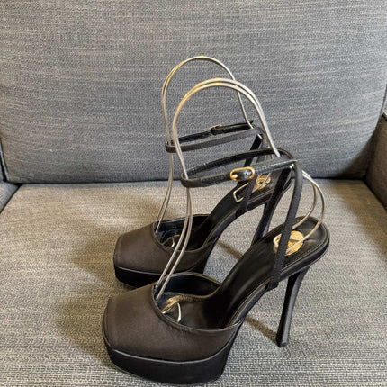 YSL 26S PLATFORM SANDALS 150 MM IN TAUPE AND BLACK SATIN
