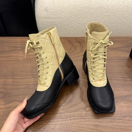 CHANEL 26S LACE UP HIGH TOP BOOTS 45 MM IN BLACK AND BEIGE CALFSKIN