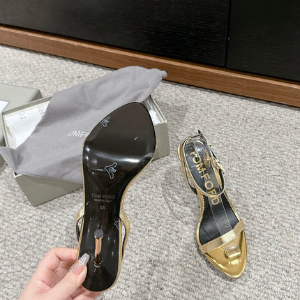 PADLOCK POINTY NAKED SANDAL 85 MM IN GOLD CALFSKIN