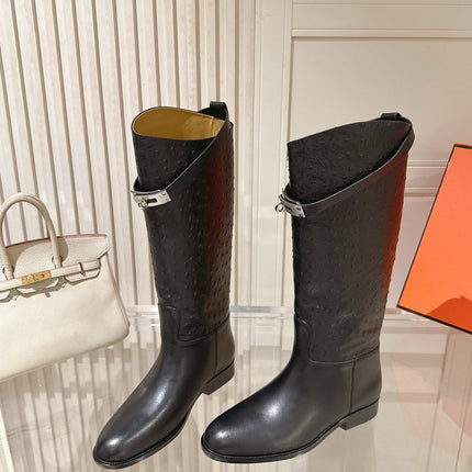 HM 26S TALL FLAT BOOTS IN BLACK OSTRICH LEATHER