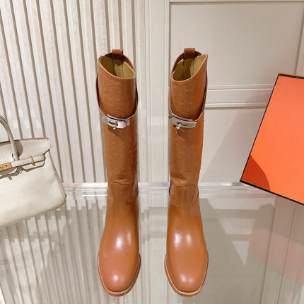 HM 26S TALL FLAT BOOTS IN COGNAC BROWN OSTRICH LEATHER