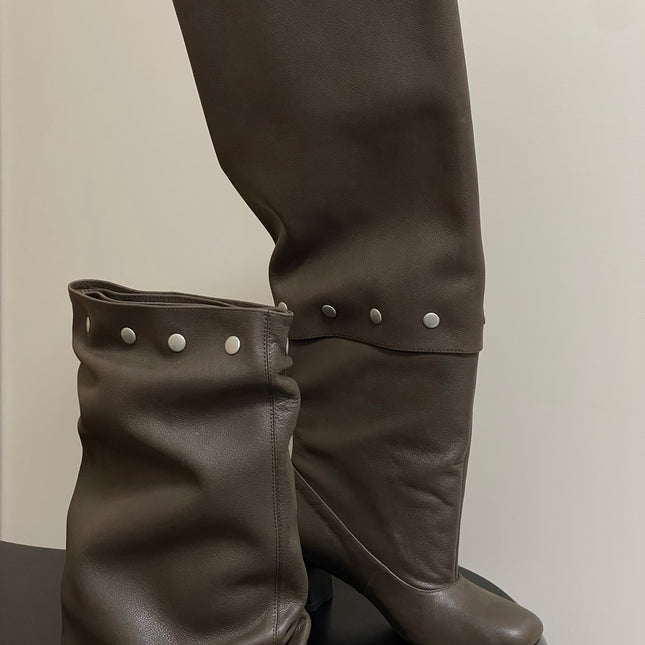ALO 25S PALOMA WOOL TIERED BOOTS IN DARK BROWN LAMBSKIN WITH STUD