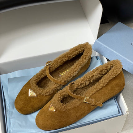 PRADA 25S MARY JANE FLATS IN DARK WALNUT BROWN SUEDE WITH GOLD HARDWARE